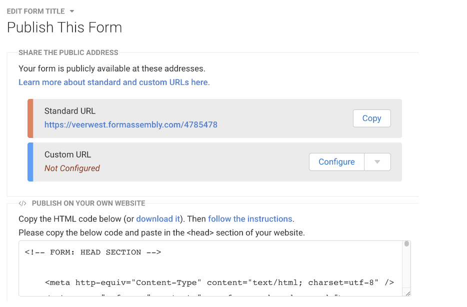 create a form for your website by configuring the url